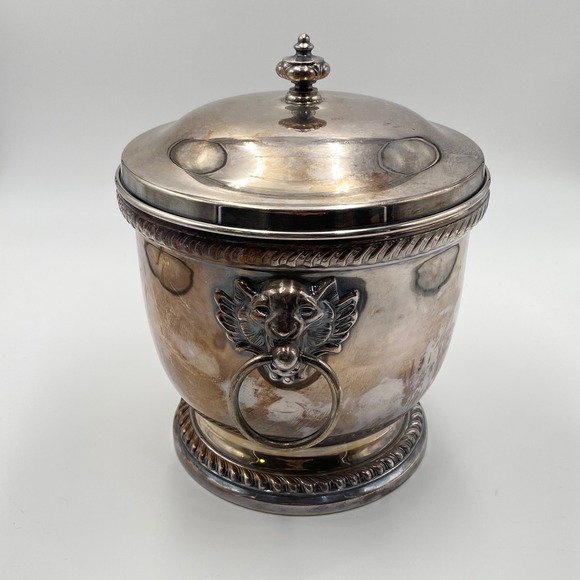 1940s Poole Silver Co Ice Bucket Container Chiller Lid Tongs Lion Handles VTG - Picture 1 of 16